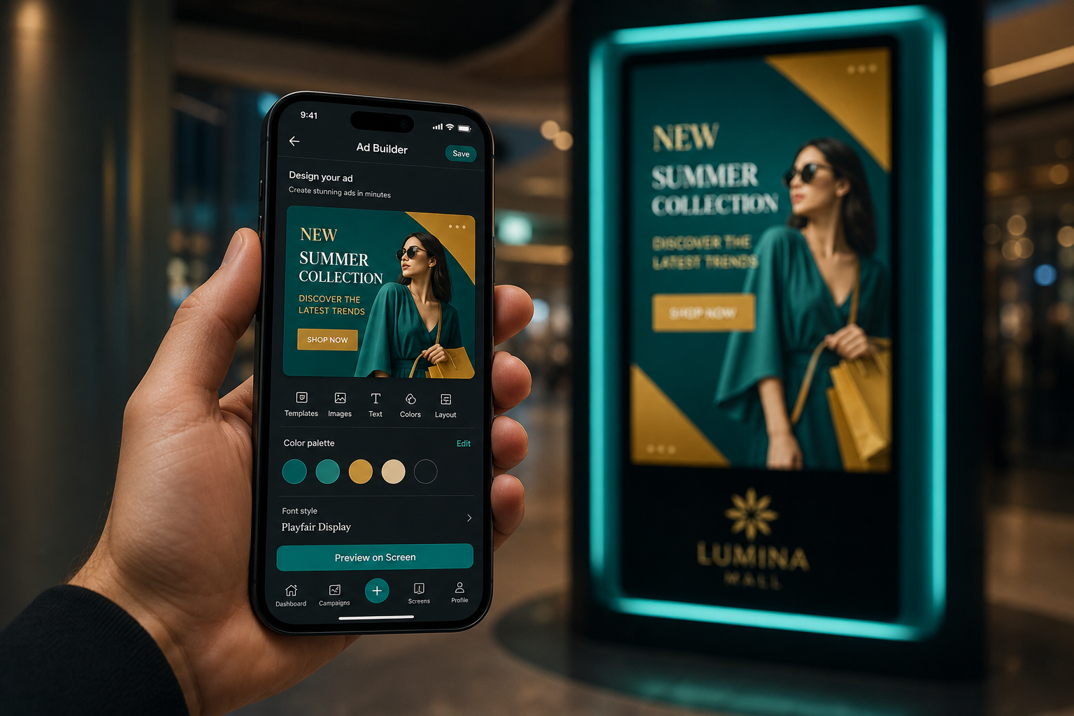 A phone showing the Sedona ad builder next to the live screen it will appear on