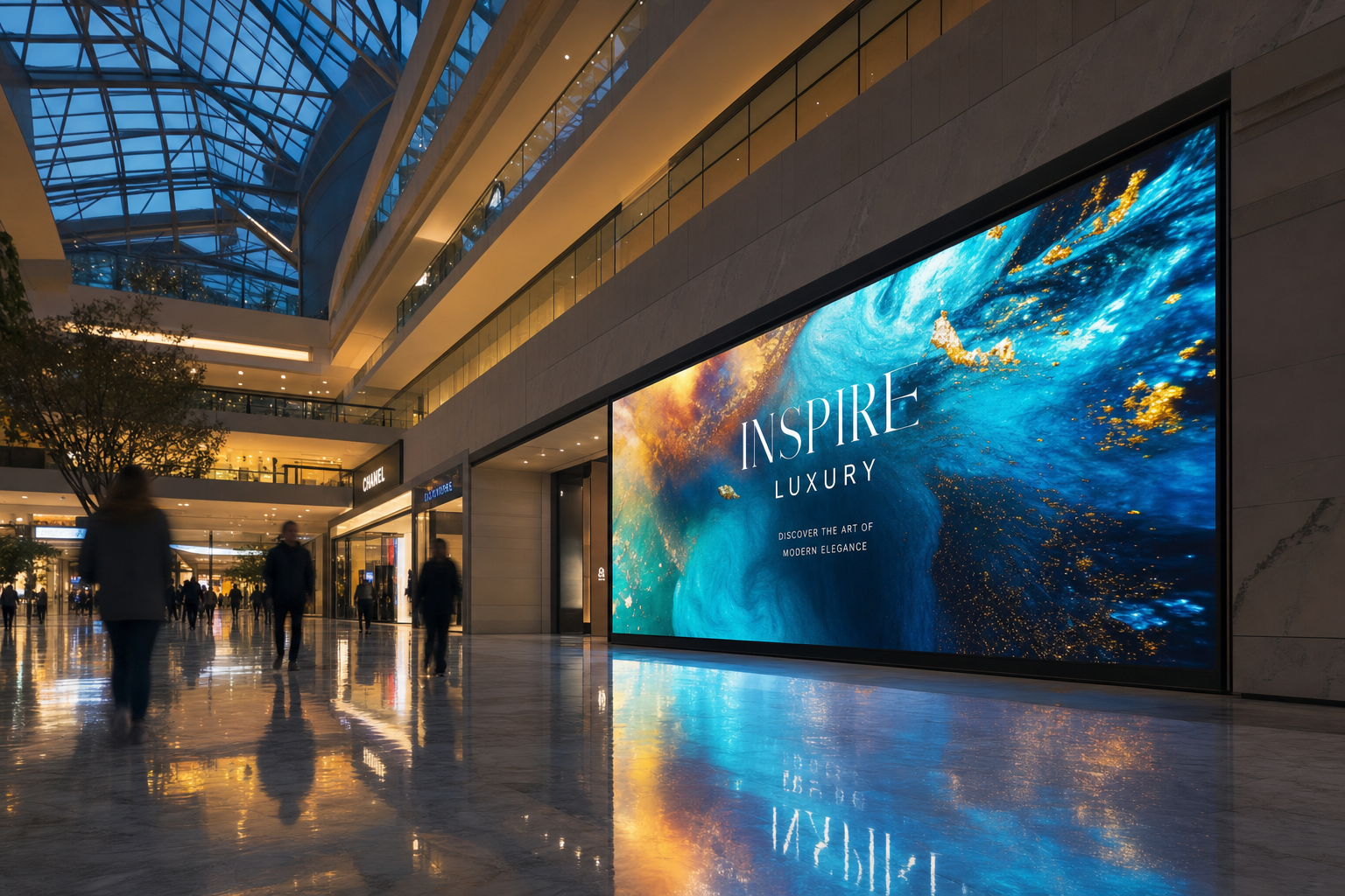 A large digital advertising screen glowing in a premium shopping mall atrium